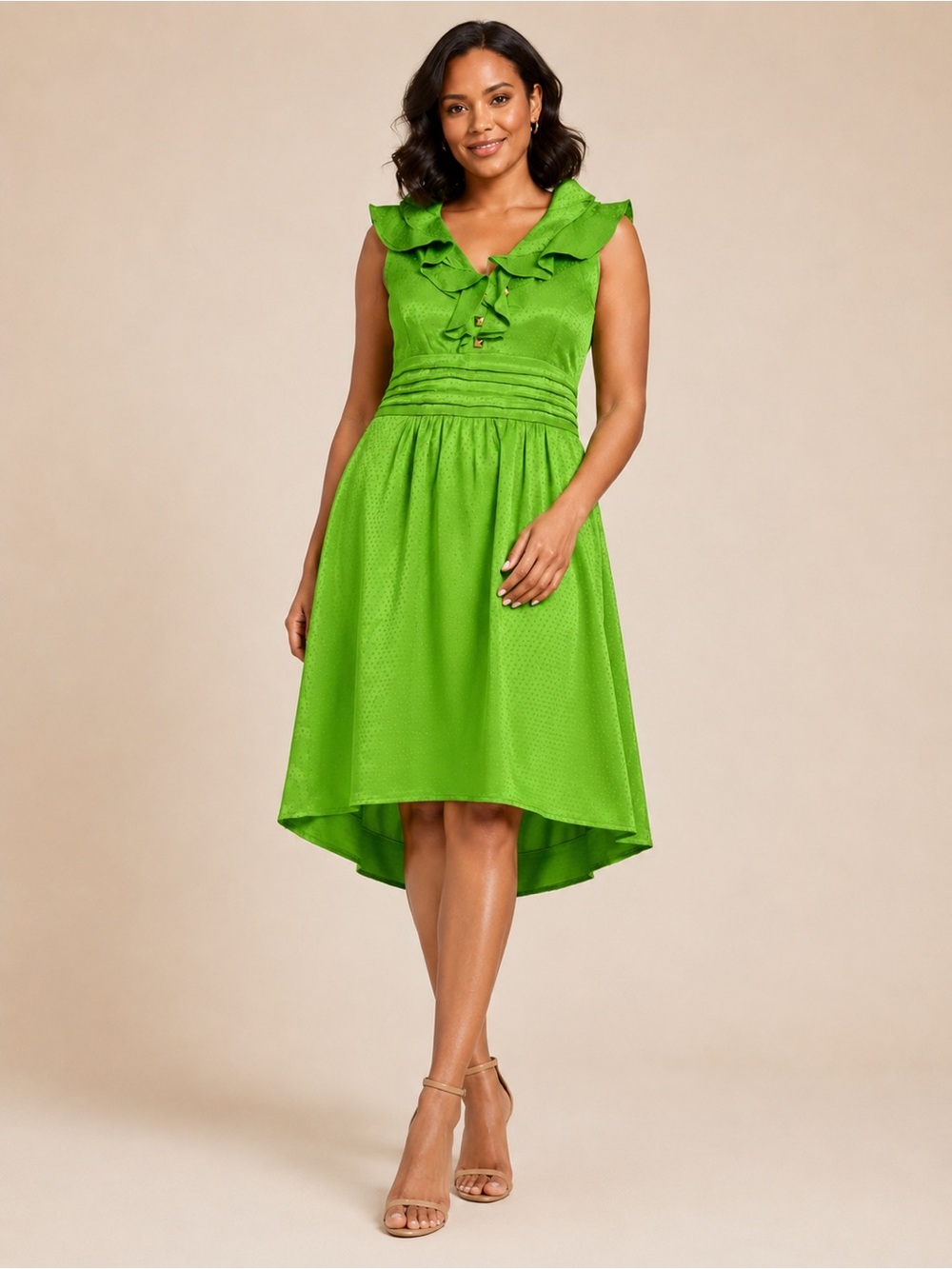 Gianni Bini Size 8 Green Ruffle Neck Sleeveless Dress Pleated Gold Studs